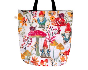 Gnome Toadstool Tote Bag. Lined Shopping Bag. Reusable, Black Handles. Floral Design. Forest Explorer Gift Bag. Autumnal. Christmas gift