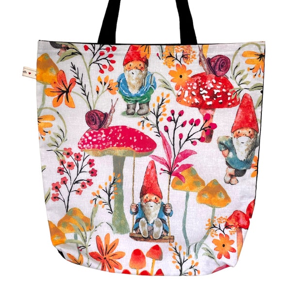 Gnome Toadstool Tote Bag. Lined Shopping Bag. Reusable, Black Handles. Floral Design. Forest Explorer Gift Bag. Autumnal. Christmas gift