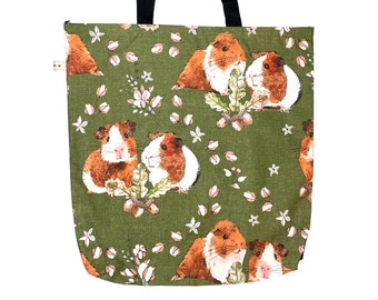 Guinea Pig Tote Bag. Lined Shopping Bag. Reusable, Cotton Black Handle. Animal Print. Floral Design. Gift Bag. Piggies. Guinea Pig Accessory