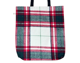 Plaid Tartan Tote Bag – Handmade Lined Reusable Bag, Eco Shopping Bag with Black Handles. Red, White, Green, Black Tartan Bag
