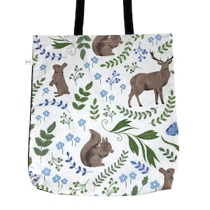 Woodland Animal Tote Bag. Lined Shopping Bag. Reusable, Cotton Black Handles. Handmade Animal Lover Gift. Deer, Squirrel, Hare, Robin Design