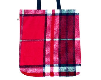 Plaid Tartan Tote Bag – Handmade Lined Reusable Bag, Eco Shopping Bag with Black Handles. Red, White, Green, Black Tartan Bag