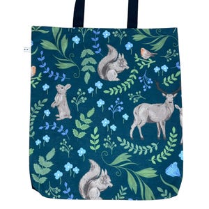 Woodland Animal Tote Bag. Lined Shopping Bag. Reusable, Cotton Black Handles. Handmade Animal Lover Gift. Robin, Deer, Hare, Squirrel Print