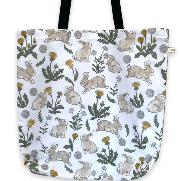 Rabbit Tote Shopping Lined Bag. Easter, Spring, Bunny, Hare, Floral. Reusable, Black Handles. Animal Lover Gift. Christmas / Easter Present.