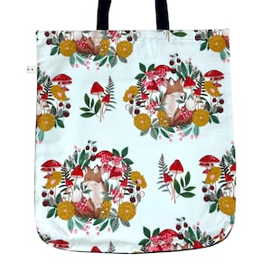 Fox Tote Bag – Handmade Lined Shopping Bag with Black Handles – Reusable Gift for Animal Lover – Woodland Floral Toadstool Design