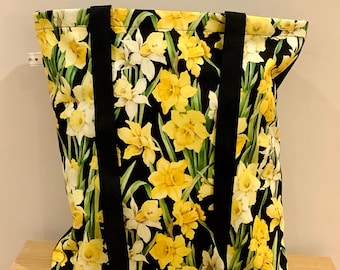 Daffodils Shopping Tote Lined Bag. Spring Flowers, Floral. Reusable, Cotton Black Handles. Handmade. Easter Gift Bag. Christmas Gift Idea