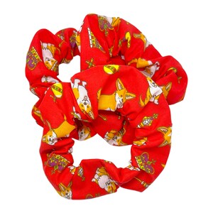 Coronation Scrunchies. Red Hair Ties. Bobble. Adult. Corgi, Crown, Kings Coronation Accessory. Eurovision Song Contest Accessories.