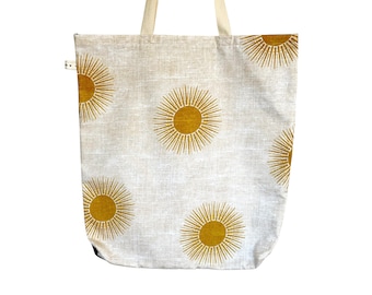 Sunburst Tote Shopping Lined Bag. Sun, Sunshine. Reusable, Cream Handles. Mother’s Day Gift. Beige, Golden. Christmas present gift idea