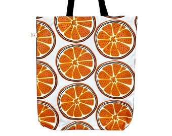 Orange Slice Tote Bag – Handmade Reusable Fruit Print Shopping Bag – Eco-Friendly Summer Tote – Citrus Gift with Black Handles