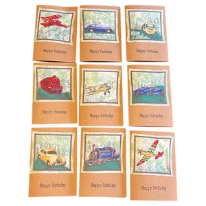 Vintage Transport Birthday Card – Cars, Trains, Planes – Handmade Fabric Greeting Card – Male Birthday Card – Blank Inside. Grandad, Husband