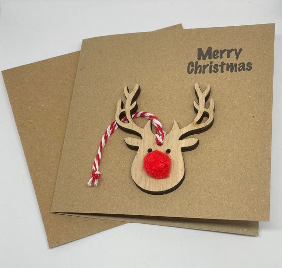Christmas Card with Wooden Reindeer Decoration. Kraft Card. Handmade. Christmas Tree Hanging Decoration. Xmas Card Unique