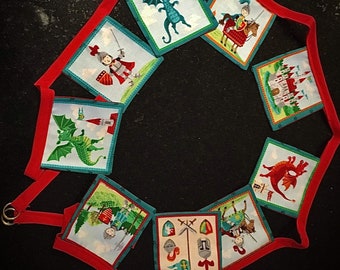 2m Dragon / Knight Bunting Fabric Garland Red Green Decoration Party Horse Castle Kids Nursery Red backing fabric End Rings. Handmade