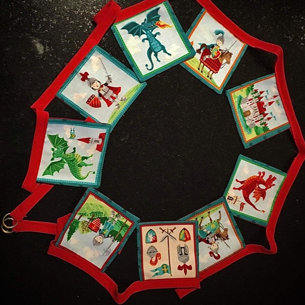 2m Dragon / Knight Bunting Fabric Garland Red Green Decoration Party Horse Castle Kids Nursery Red backing fabric End Rings. Handmade