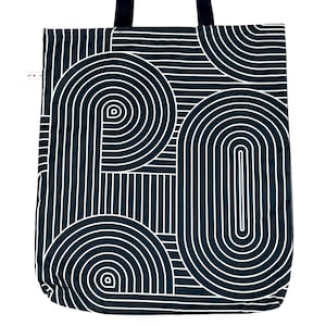 Monochrome Spiral Tote Bag – Reusable Lined Shopping Bag with Black Handles – Fabric Abstract Black & White Print – Handmade Gift