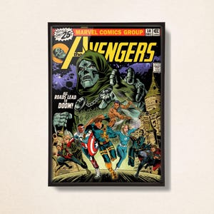 May include: Framed vintage comic book cover of The Avengers. The cover features Doctor Doom, the Avengers team, and the text "All Roads Lead to Doom!" The comic is in a black frame.