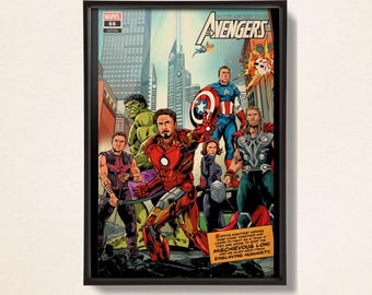 Könnte beinhalten: Gerahmte Comic-Kunst mit den Avengers. Das Bild zeigt das Superhelden-Team in einer Stadtkulisse. Das Comic-Cover hat das Marvel-Logo und die Nummer 66. Der Text auf dem Bild lautet "Avengers" und "Mischievous Loki enslaving humanity."