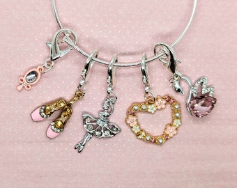 Pink Ballerina-Themed Set of 5 Stitch Markers for Crochet, Cute Leverback Marker Clasp Charms, Ballet Stitch Marker Charms, Journal Charms