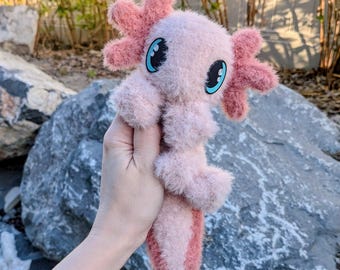 Fuzzy Axolotl Crocheted Plushie, Axolotl Snuggler Toy, Cute Gift Idea, Soft Lovey Plush, Snuggly Axolotl Amigurumi Fuzzy