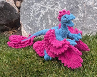 Mongo Raptor Plush, Ready to Ship Amigurumi, Soft Chenille Pink and Blue Stuffed Animal, Large Dungeon Microraptor, Feathered Dinosaur