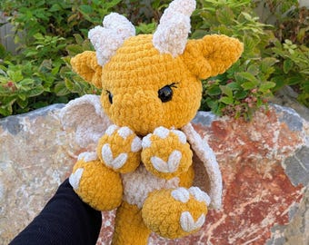 Golden Dragon Crocheted Plushie Snuggler, Ready to Ship Amigurumi, Soft Chenille Winged Dragon Cute Stuffed Animal