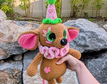 Cute Clown Mouse Crocheted Plushie, Ready To Ship Stuffed Animal, Floral Embroidery, Pink and Green Circus Mouse