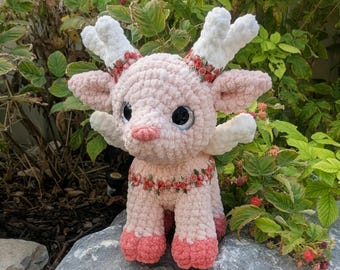 Pink Peryton Floral Deer Crocheted Plushie, Ready to Ship Amigurumi, Soft Chenille Winged Deer Stuffed Animal
