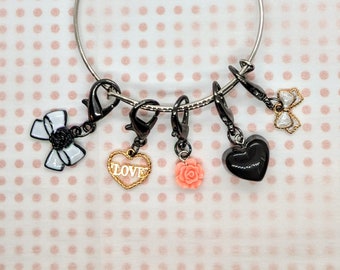 Love-Themed Set of 5 Stitch Markers for Crochet, Rose Bow Zipper Pull Charm, Removable Locking Stitch Marker, Cute Charms with Lobster Clasp