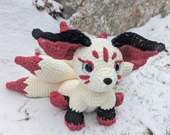 Kitsune Plush, Ready to Ship Amigurumi, Soft Chenille Fox Stuffed Animal, Gumiho Nine Tail Fox Plushie, Mythical Creature Fan Art