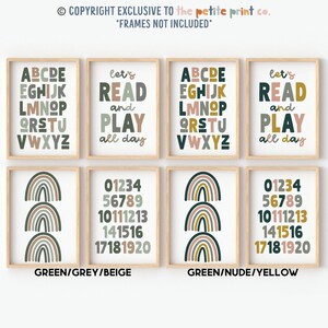 May include: Set of six printable nursery wall art prints featuring a rainbow design in green, grey, beige, nude, and yellow colors. The prints include the alphabet, numbers 1-20, and the phrase "let's read and play all day".