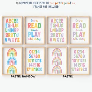May include: Set of six printable wall art prints featuring a pastel rainbow, alphabet, numbers, and the phrase "let's read and play all day".
