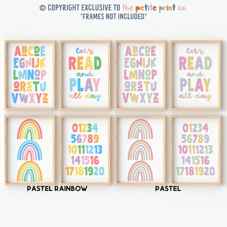 May include: Set of six printable wall art prints featuring a pastel rainbow, alphabet, numbers, and the phrase "let's read and play all day".