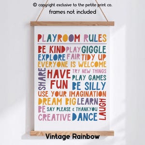 Playroom Rules Print || Playroom Poster, Rainbow Playroom, Fun Playroom Decor, Bright Playroom Prints, Funny Playroom Quote, UNFRAMED Vintage Rainbow