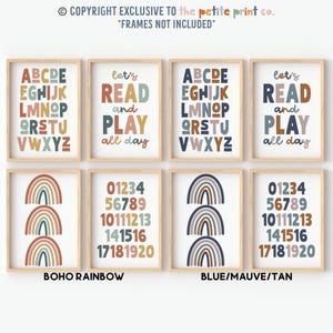 May include: Set of eight printable wall art prints featuring a rainbow design in two color schemes: boho rainbow with orange, brown, and blue hues and blue, mauve, and tan hues. The prints include the alphabet, numbers 1-20, and the phrase "Let's read and play all day".