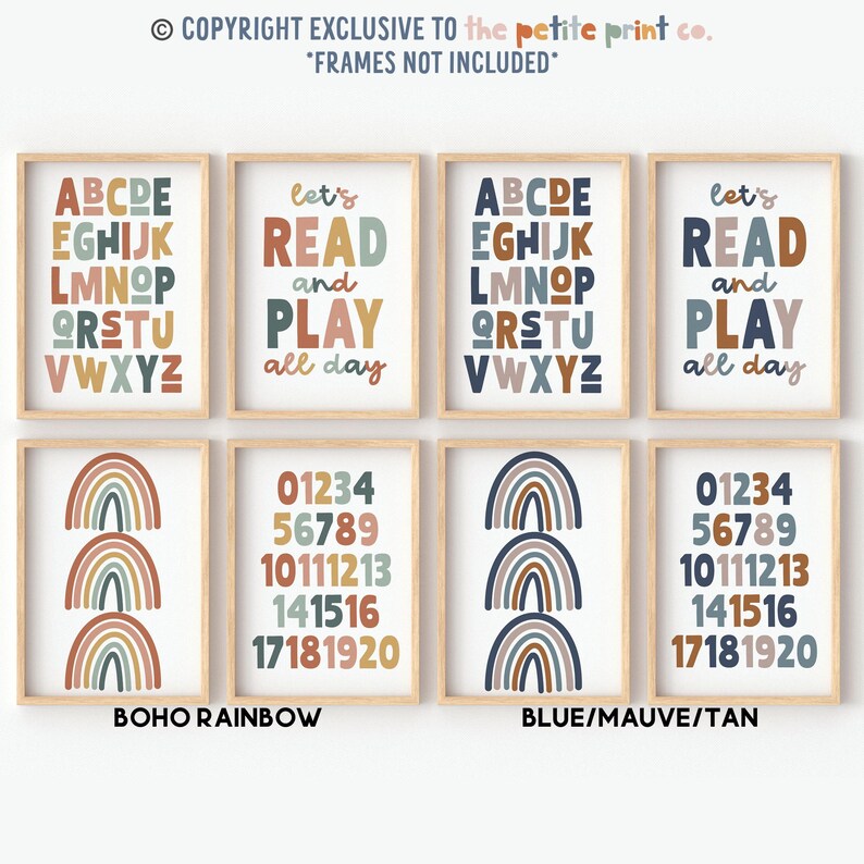 May include: Set of eight printable wall art prints featuring a rainbow design in two color schemes: boho rainbow with orange, brown, and blue hues and blue, mauve, and tan hues. The prints include the alphabet, numbers 1-20, and the phrase "Let's read and play all day".