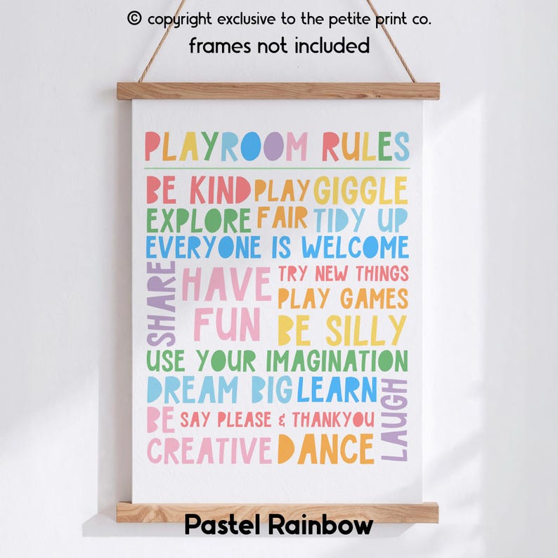 Playroom Rules Print || Playroom Poster, Rainbow Playroom, Fun Playroom Decor, Bright Playroom Prints, Funny Playroom Quote, UNFRAMED Pastel Rainbow