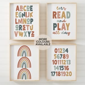May include: Set of four printable nursery posters with a rainbow, alphabet, numbers, and a quote about reading and playing. The posters feature a modern, minimalist design with a color palette of warm browns, yellows, and blues.