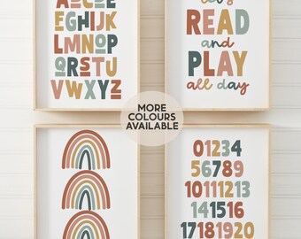 Playroom Print Set || Alphabet Poster, Numbers Poster, Kids Learning Prints, Rainbow Playroom, Let’s Read and Play All Day Print, UNFRAMED