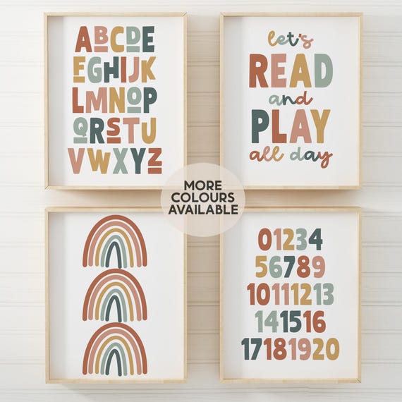 Playroom Print Set || Alphabet Poster, Numbers Poster, Kids Learning Prints, Rainbow Playroom, Let’s Read and Play All Day Print, UNFRAMED