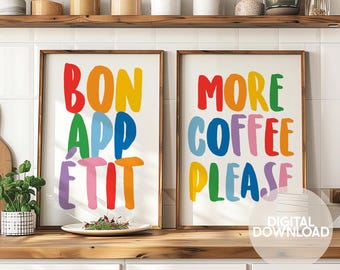 Kitchen Wall Art Printable Set | Bon Appétit & Coffee Prints | Colourful Kitchen Decor Bundle | Typography Food Quote Download