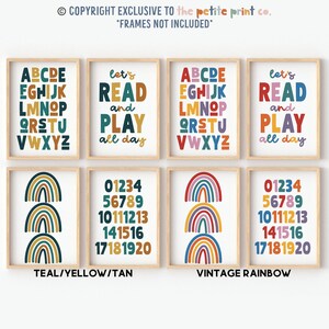May include: Set of eight printable nursery posters featuring colorful rainbows, alphabet letters, numbers, and the phrase "Let's read and play all day".