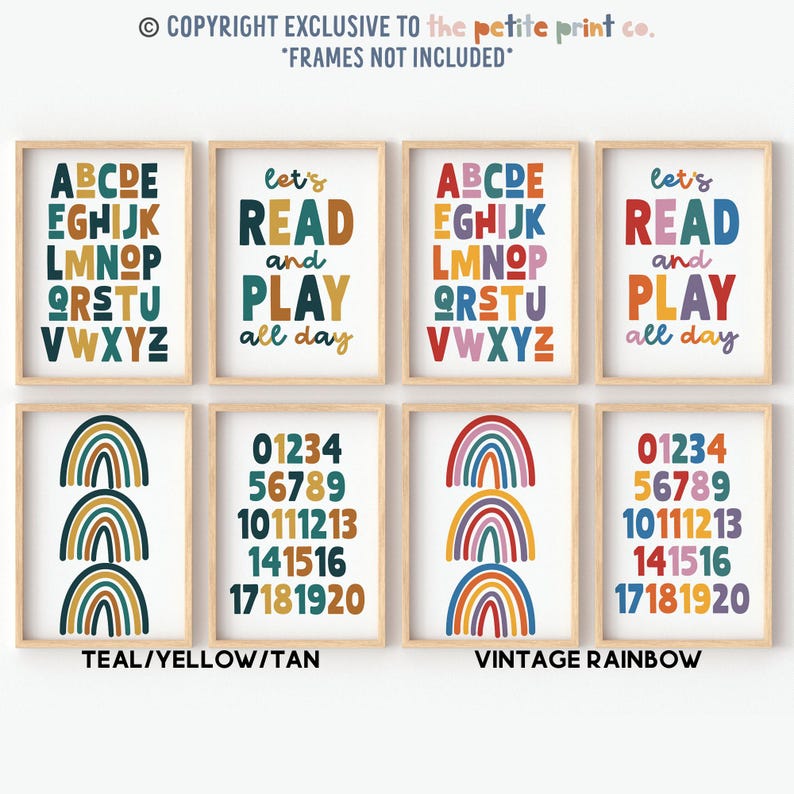 May include: Set of eight printable nursery posters featuring colorful rainbows, alphabet letters, numbers, and the phrase "Let's read and play all day".