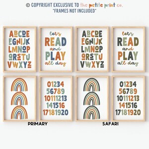May include: Set of eight printable wall art prints featuring a rainbow theme with a primary color palette and a safari color palette. The prints include the alphabet, numbers 1-20, and the phrase "Let's read and play all day".