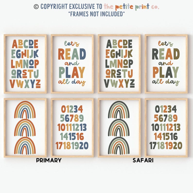 May include: Set of eight printable wall art prints featuring a rainbow theme with a primary color palette and a safari color palette. The prints include the alphabet, numbers 1-20, and the phrase "Let's read and play all day".
