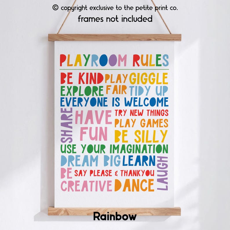 Playroom Rules Print || Playroom Poster, Rainbow Playroom, Fun Playroom Decor, Bright Playroom Prints, Funny Playroom Quote, UNFRAMED Rainbow