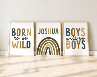 Boys Bedroom Wall Art Set of 3 | Born to Be Wild | Boys Will Be Boys | Personalised Name Rainbow Print | Boy Playroom Decor | UNFRAMED