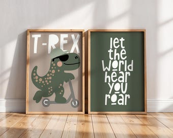 Cool T-Rex Dinosaur Kids Room Wall Art Prints - Set of 2 | Let the World Hear You Roar | Dino Nursery Decor | Cool Boys Bedroom | UNFRAMED