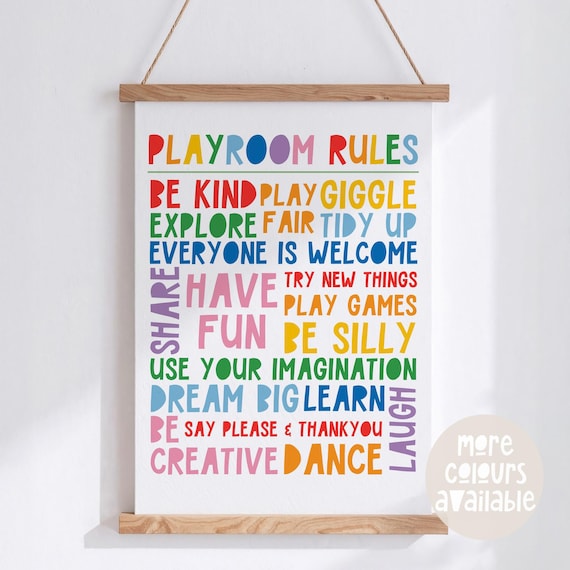 Playroom Rules Print || Playroom Poster, Rainbow Playroom, Fun Playroom Decor, Bright Playroom Prints, Funny Playroom Quote, UNFRAMED