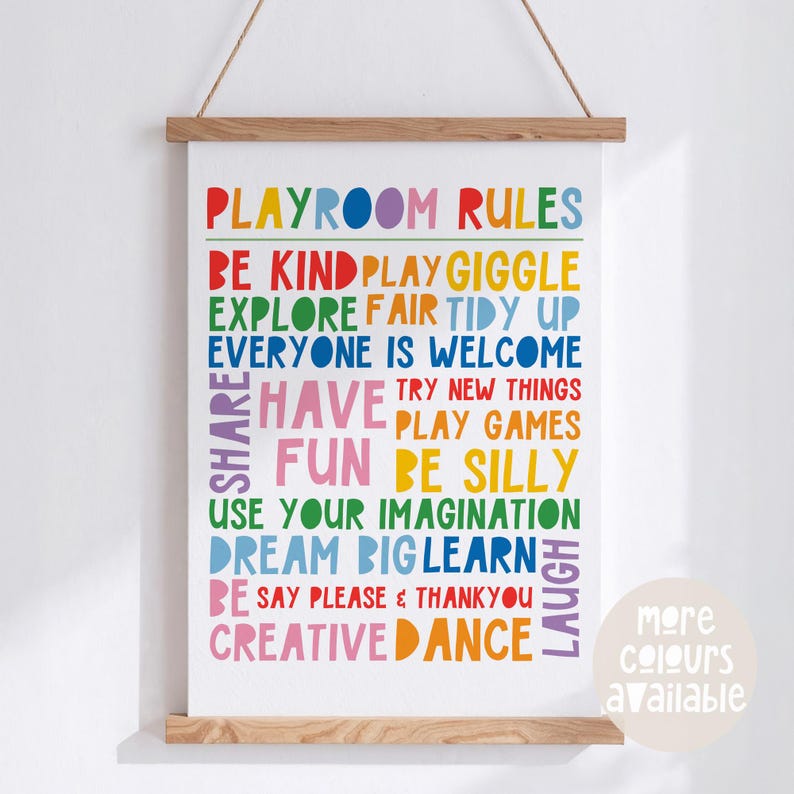 Playroom Rules Print || Playroom Poster, Rainbow Playroom, Fun Playroom Decor, Bright Playroom Prints, Funny Playroom Quote, UNFRAMED image 1