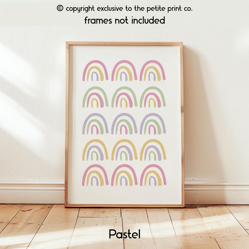 Op de afbeelding: Een ingelijste print met een herhaald patroon van pastelkleurige regenbogen in geel, roze, groen en paars. De print is gelabeld met "Pastel" en bevat de tekst "copyright exclusive to the petite print co. frames not included."
