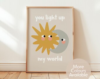 You Light Up My World Print || Nursery Quote Wall Art, Sun and Moon Nursery Decor, Neutral Baby Room Print, Kids Bedroom Decor, UNFRAMED